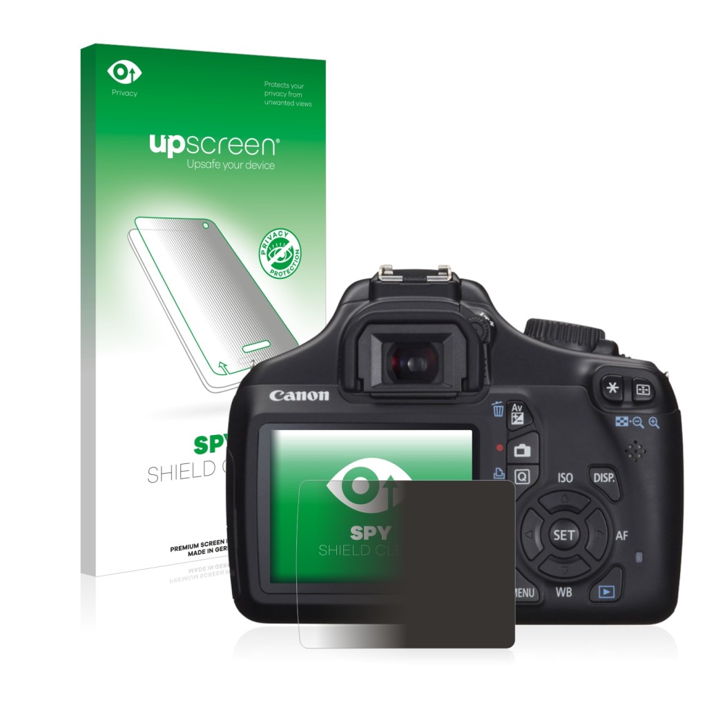 Parte frontale di una confezione del prodotto con il logo del marchio upscreen. Accanto è raffigurato il dispositivo Canon EOS