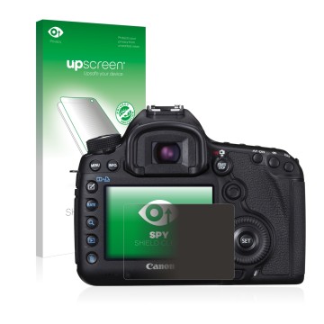 Face avant d’un emballage produit avec le logo de la marque upscreen. À côté, l’appareil Canon EOS 5D Mark III est représenté 