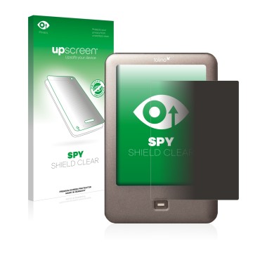 Face avant d’un emballage produit avec le logo de la marque upscreen. À côté, l’appareil Tolino Shine est représenté avec la p