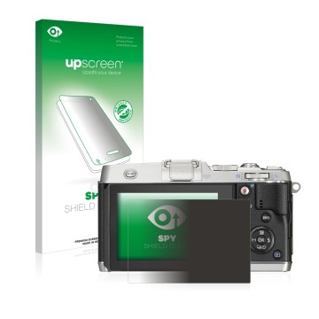 Vorderseite einer Produktverpackung mit dem Markenlogo upscreen. Daneben ist das Gerät Olympus PEN E-P5 mit dem zugehörigen Di