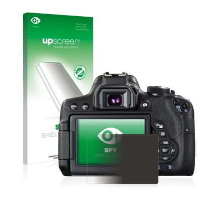 Vorderseite einer Produktverpackung mit dem Markenlogo upscreen. Daneben ist das Gerät Canon EOS 750D mit dem zugehörigen Disp
