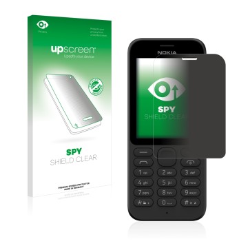 Face avant d’un emballage produit avec le logo de la marque upscreen. À côté, l’appareil Microsoft Nokia 215 est représenté av