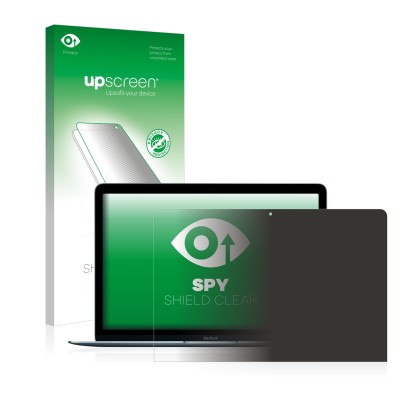 Parte frontal de un envase de producto con el logotipo de la marca upscreen. Al lado se muestra el dispositivo Apple MacBook 1