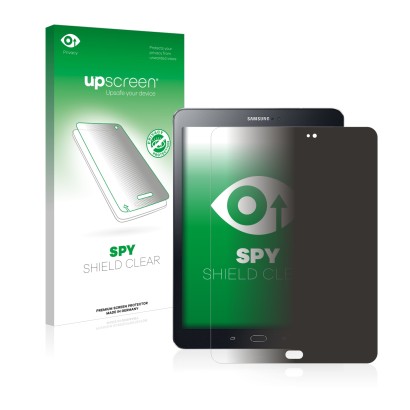 Parte frontal de un envase de producto con el logotipo de la marca upscreen. Al lado se muestra el dispositivo Samsung Galaxy