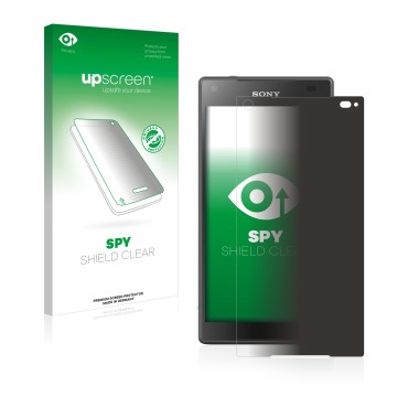 Parte frontal de un envase de producto con el logotipo de la marca upscreen. Al lado se muestra el dispositivo Sony Xperia Z5 