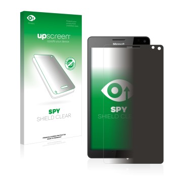 Face avant d’un emballage produit avec le logo de la marque upscreen. À côté, l’appareil Microsoft Lumia 950 XL est représenté