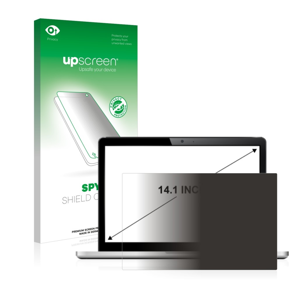 Parte frontal de un envase de producto con el logotipo de la marca upscreen. Al lado se muestra el dispositivo con su protecto