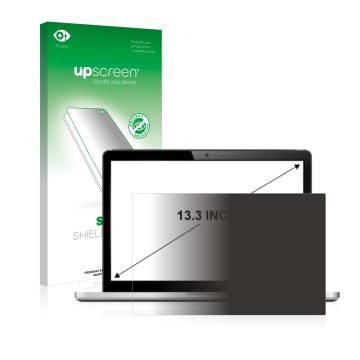 Parte frontal de un envase de producto con el logotipo de la marca upscreen. Al lado se muestra el dispositivo con su protecto