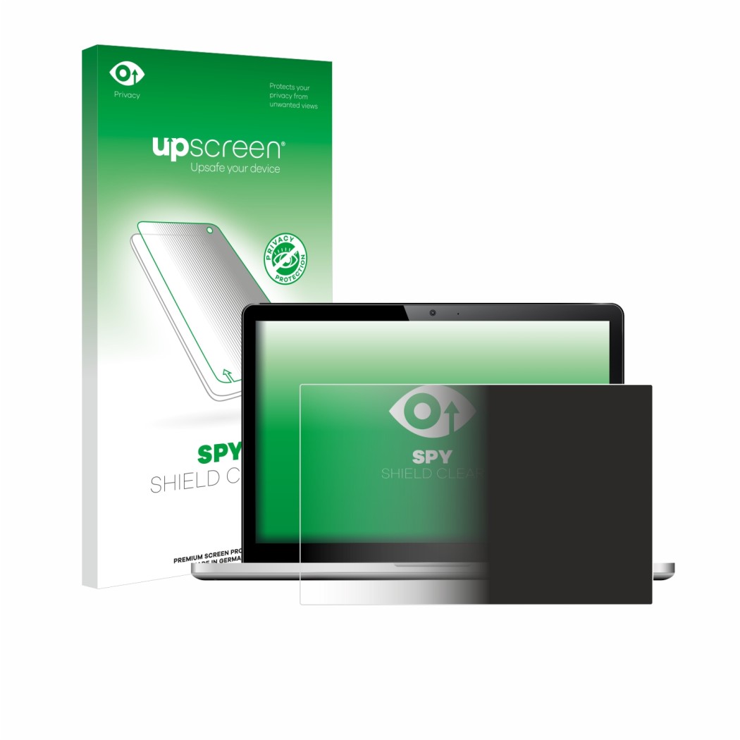 Parte frontal de un envase de producto con el logotipo de la marca upscreen. Al lado se muestra el dispositivo con su protecto