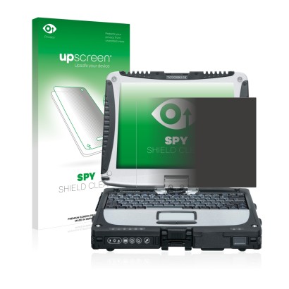 Parte frontal de un envase de producto con el logotipo de la marca upscreen. Al lado se muestra el dispositivo Panasonic Tough