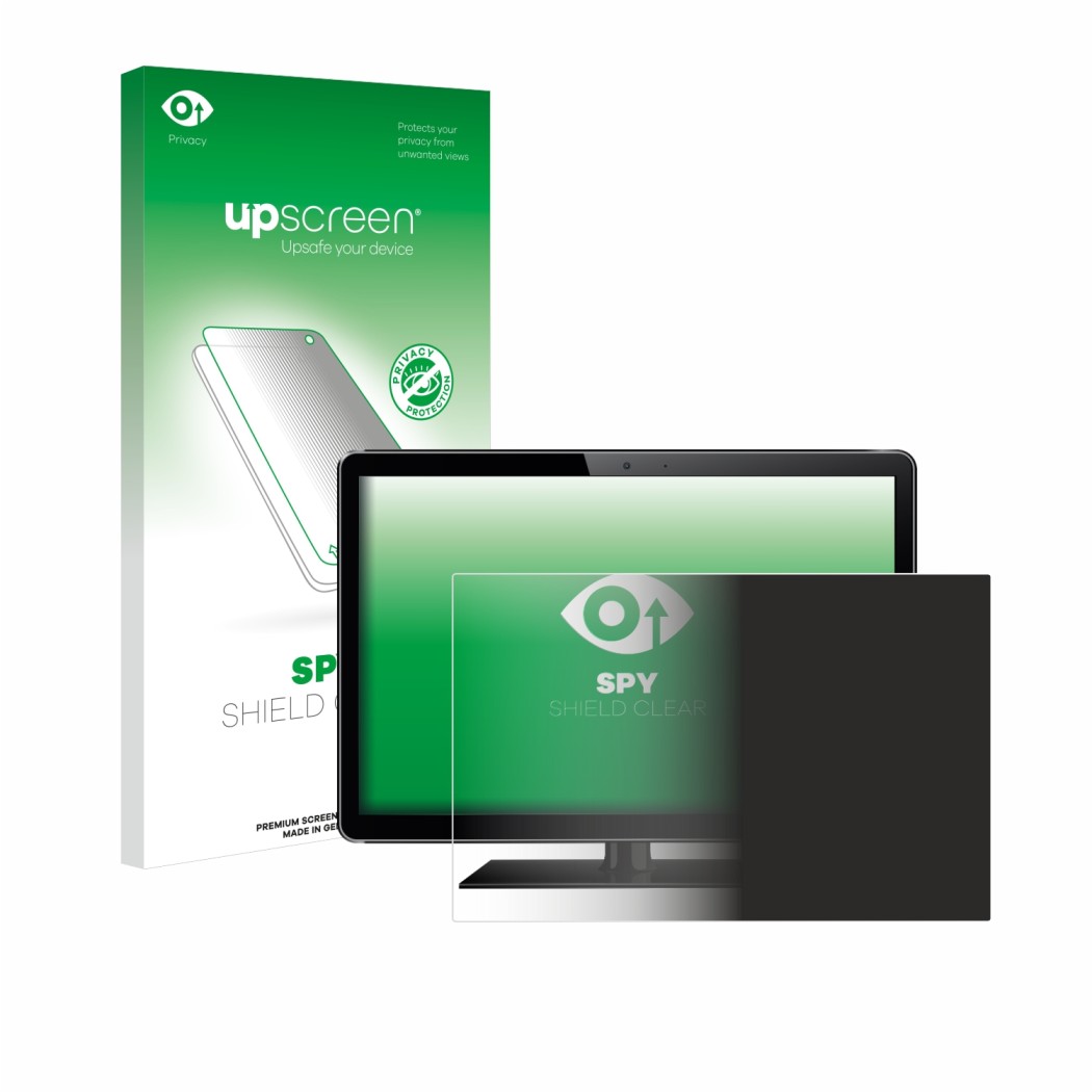 Face avant d’un emballage produit avec le logo de la marque upscreen. À côté, l’appareil est représenté avec la protection d’é