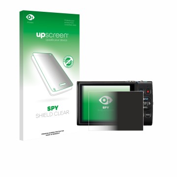 Parte frontal de un envase de producto con el logotipo de la marca upscreen. Al lado se muestra el dispositivo Canon Digital I