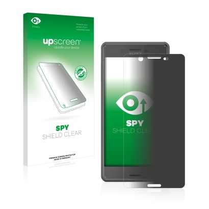 Parte frontal de un envase de producto con el logotipo de la marca upscreen. Al lado se muestra el dispositivo Sony Xperia X P