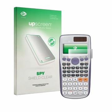 Parte frontal de un envase de producto con el logotipo de la marca upscreen. Al lado se muestra el dispositivo Casio FX-991DE 