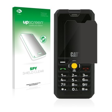 Parte frontal de un envase de producto con el logotipo de la marca upscreen. Al lado se muestra el dispositivo Caterpillar Cat