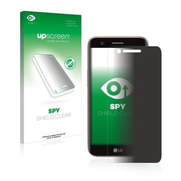 Parte frontale di una confezione del prodotto con il logo del marchio upscreen. Accanto è raffigurato il dispositivo LG K10 20