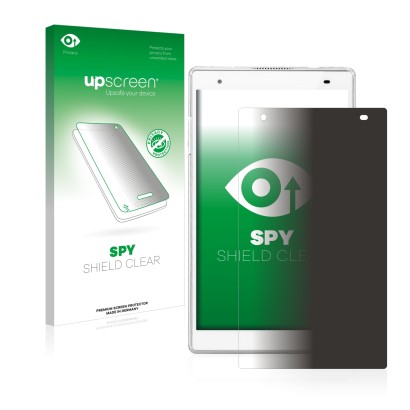 Parte frontal de un envase de producto con el logotipo de la marca upscreen. Al lado se muestra el dispositivo Lenovo Tab 4 8 