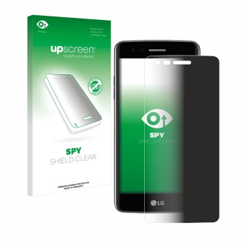Parte frontal de un envase de producto con el logotipo de la marca upscreen. Al lado se muestra el dispositivo LG K8 2017 con 