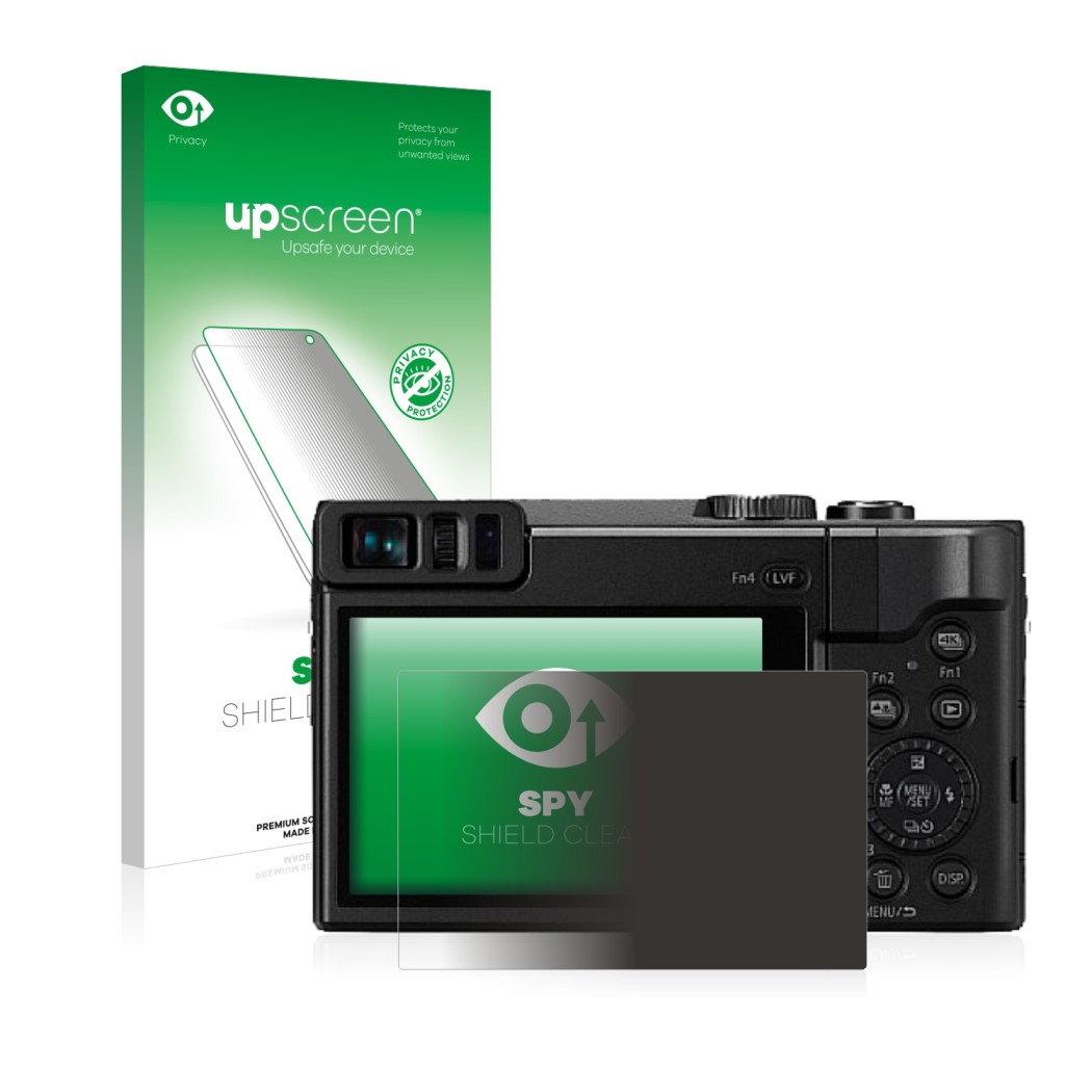 Face avant d’un emballage produit avec le logo de la marque upscreen. À côté, l’appareil Panasonic Lumix DC-TZ91 est représent