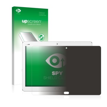 Parte frontal de un envase de producto con el logotipo de la marca upscreen. Al lado se muestra el dispositivo Huawei MediaPad