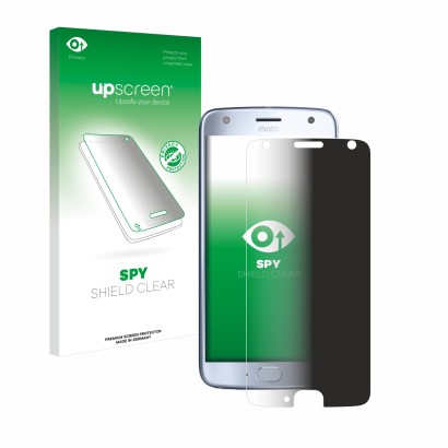 Face avant d’un emballage produit avec le logo de la marque upscreen. À côté, l’appareil Motorola Moto X4 est représenté avec 