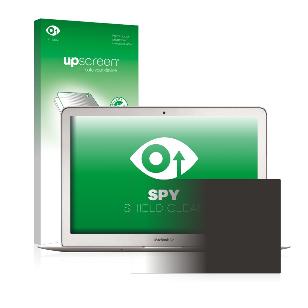 Vorderseite einer Produktverpackung mit dem Markenlogo upscreen. Daneben ist das Gerät Apple MacBook Air 13