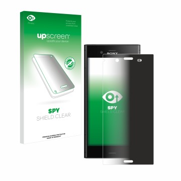 Parte frontal de un envase de producto con el logotipo de la marca upscreen. Al lado se muestra el dispositivo Sony Xperia XZ1