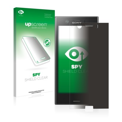 Face avant d’un emballage produit avec le logo de la marque upscreen. À côté, l’appareil Sony Xperia XZ1 Compact est représent