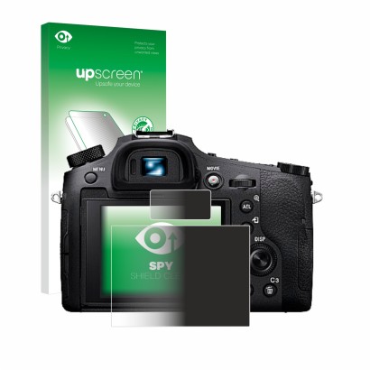 Vorderseite einer Produktverpackung mit dem Markenlogo upscreen. Daneben ist das Gerät Sony Cyber-Shot DSC-RX10 IV mit dem zug