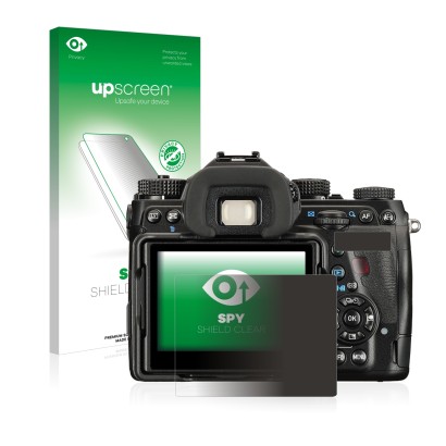 Parte frontal de un envase de producto con el logotipo de la marca upscreen. Al lado se muestra el dispositivo Pentax K-1 Mark