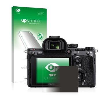 Face avant d’un emballage produit avec le logo de la marque upscreen. À côté, l’appareil Sony Alpha 7R III est représenté avec