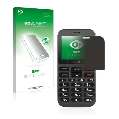 Parte frontale di una confezione del prodotto con il logo del marchio upscreen. Accanto è raffigurato il dispositivo Doro 1370