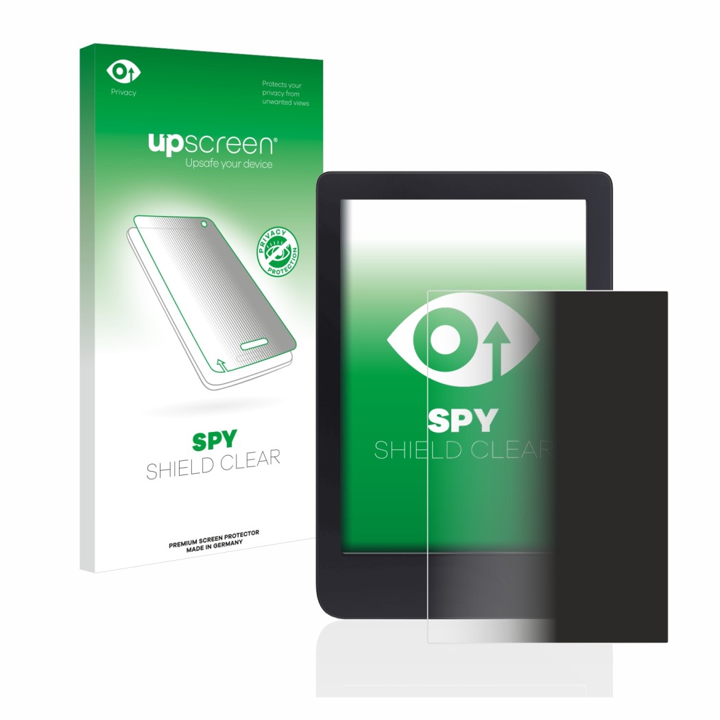 Vorderseite einer Produktverpackung mit dem Markenlogo upscreen. Daneben ist das Gerät Tolino Shine 3 mit dem zugehörigen Disp