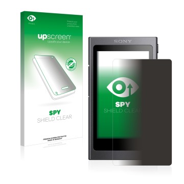 Parte frontal de un envase de producto con el logotipo de la marca upscreen. Al lado se muestra el dispositivo Sony Walkman A4