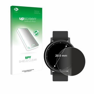 Face avant d’un emballage produit avec le logo de la marque upscreen. À côté, l’appareil Circulaire Displays (ø: 20 mm) est re