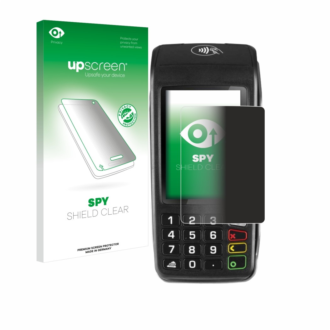 Vorderseite einer Produktverpackung mit dem Markenlogo upscreen. Daneben ist das Gerät ingenico Move/5000 mit dem zugehörigen 