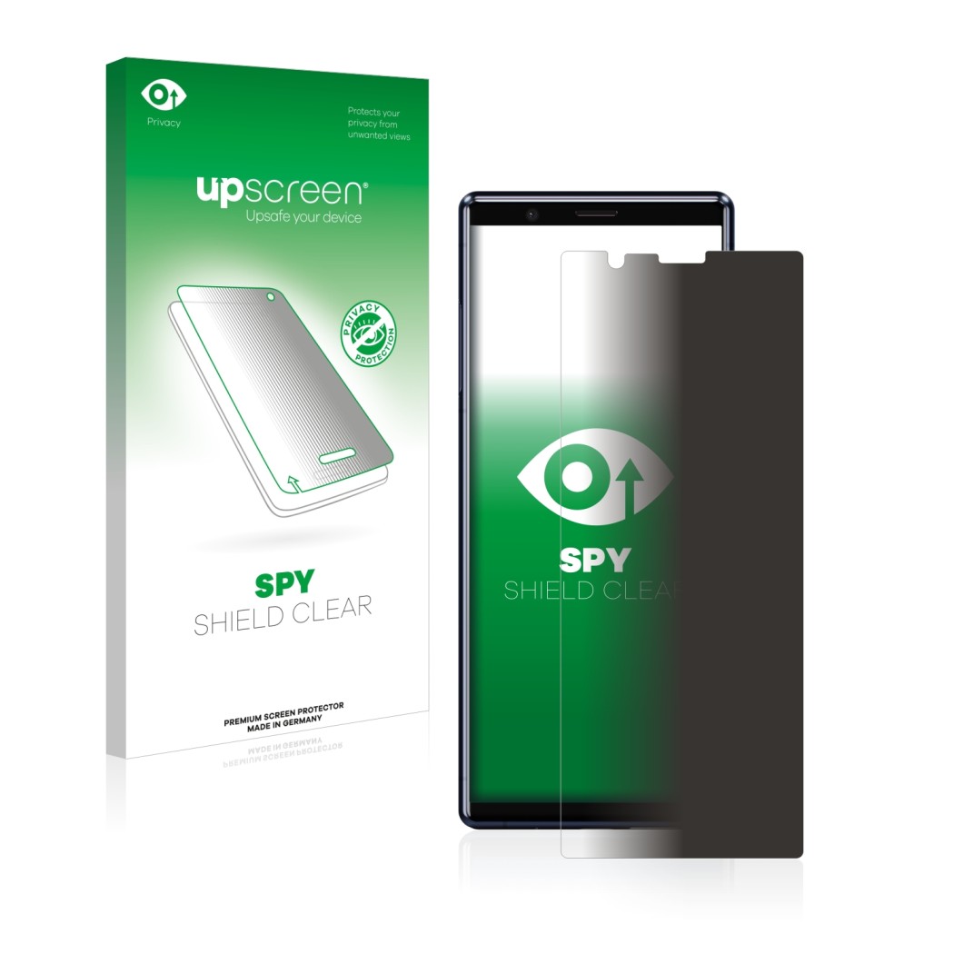 Front side of a product packaging with the brand logo upscreen. Next to it is the device Sony Xperia 5 shown with the correspo