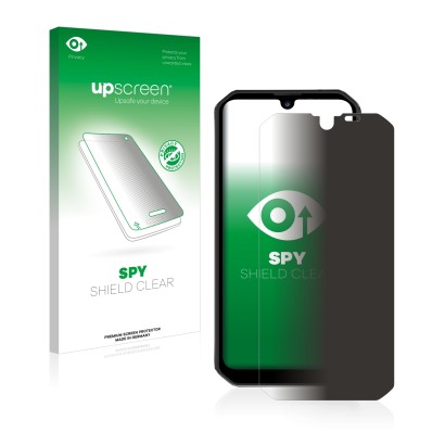 Parte frontal de un envase de producto con el logotipo de la marca upscreen. Al lado se muestra el dispositivo Blackview BV990