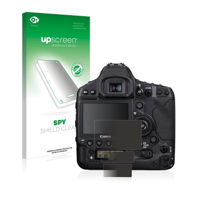 Vorderseite einer Produktverpackung mit dem Markenlogo upscreen. Daneben ist das Gerät Canon EOS 1D X Mark III mit dem zugehör