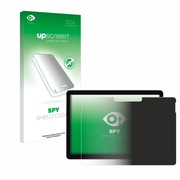 Face avant d’un emballage produit avec le logo de la marque upscreen. À côté, l’appareil Microsoft Surface Go 2 10.5