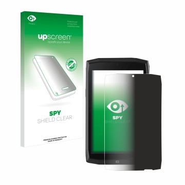 Parte frontal de un envase de producto con el logotipo de la marca upscreen. Al lado se muestra el dispositivo Crosscall Core 