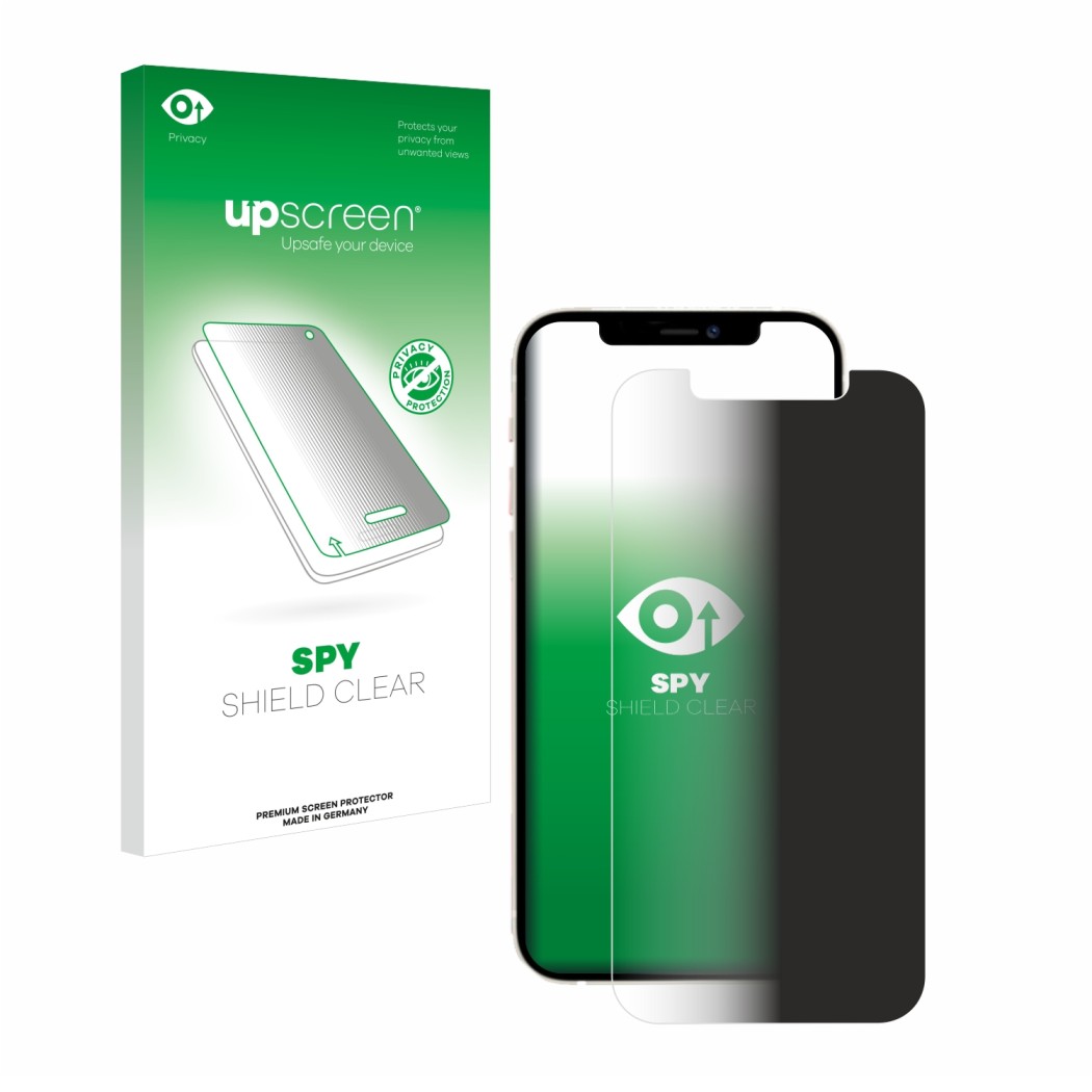 Face avant d’un emballage produit avec le logo de la marque upscreen. À côté, l’appareil Apple iPhone 12 est représenté avec l
