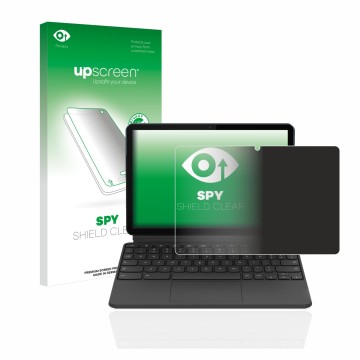 Parte frontal de un envase de producto con el logotipo de la marca upscreen. Al lado se muestra el dispositivo Lenovo IdeaPad 