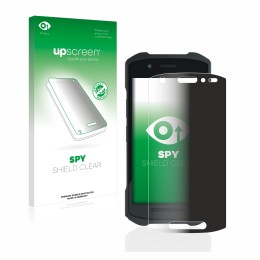 Parte frontal de un envase de producto con el logotipo de la marca upscreen. Al lado se muestra el dispositivo Zebra TC21 con 