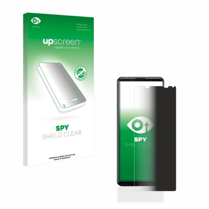 Parte frontale di una confezione del prodotto con il logo del marchio upscreen. Accanto è raffigurato il dispositivo Sony Xper