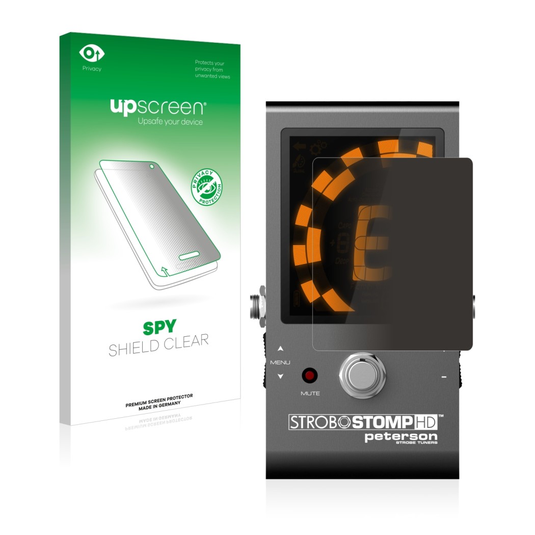 Front side of a product packaging with the brand logo upscreen. Next to it is the device Peterson Strobostomp HD shown with th