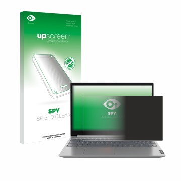 Parte frontal de un envase de producto con el logotipo de la marca upscreen. Al lado se muestra el dispositivo Lenovo ThinkBoo