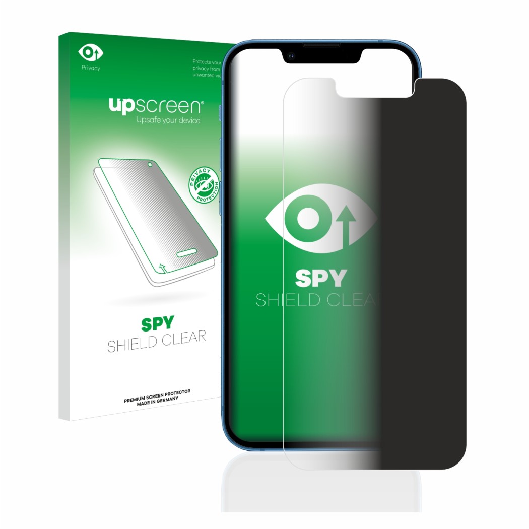 Vorderseite einer Produktverpackung mit dem Markenlogo upscreen. Daneben ist das Gerät Apple iPhone 13 mini mit dem zugehörige