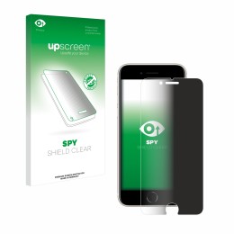 Parte frontal de un envase de producto con el logotipo de la marca upscreen. Al lado se muestra el dispositivo Apple iPhone SE