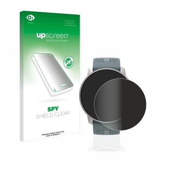 Parte frontal de un envase de producto con el logotipo de la marca upscreen. Al lado se muestra el dispositivo Suunto 9 Peak c